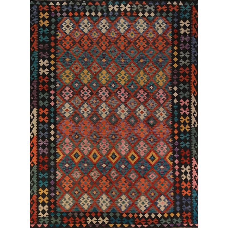 Tribal Geometric Kilim Area Rug Hand-Woven Wool Carpet - 8'7"x 11'6"