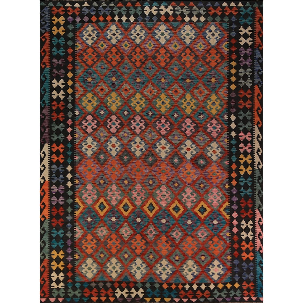 Tribal Geometric Kilim Area Rug Hand-Woven Wool Carpet - 8'7"x 11'6"