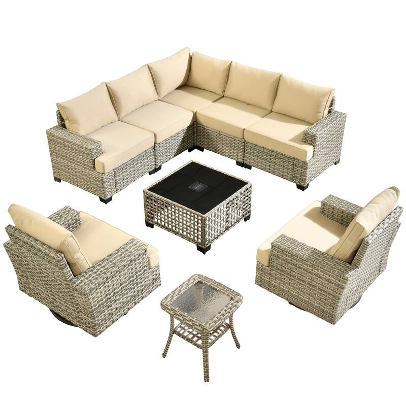 HOOOWOOO 9-piece Patio Wicker Sofa Swivel Chair Sectional Set