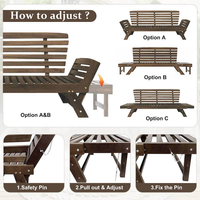 Outdoor Expandable Acacia Wood Daybed with Adjustable Sides,Cushions and Pillows, 3-Position Patio Sofa Lounge - Solid Wood