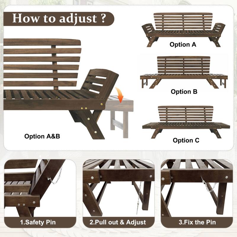 TOPMAX Outdoor Adjustable Patio Wooden Daybed Sofa Chaise Lounge with Cushions