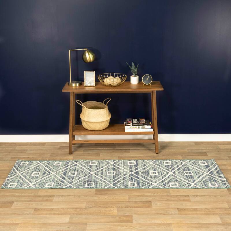 Annika Diamond Trellis Pattern Indoor/ Outdoor Area Rug - 2' x 7' Runner - Blue