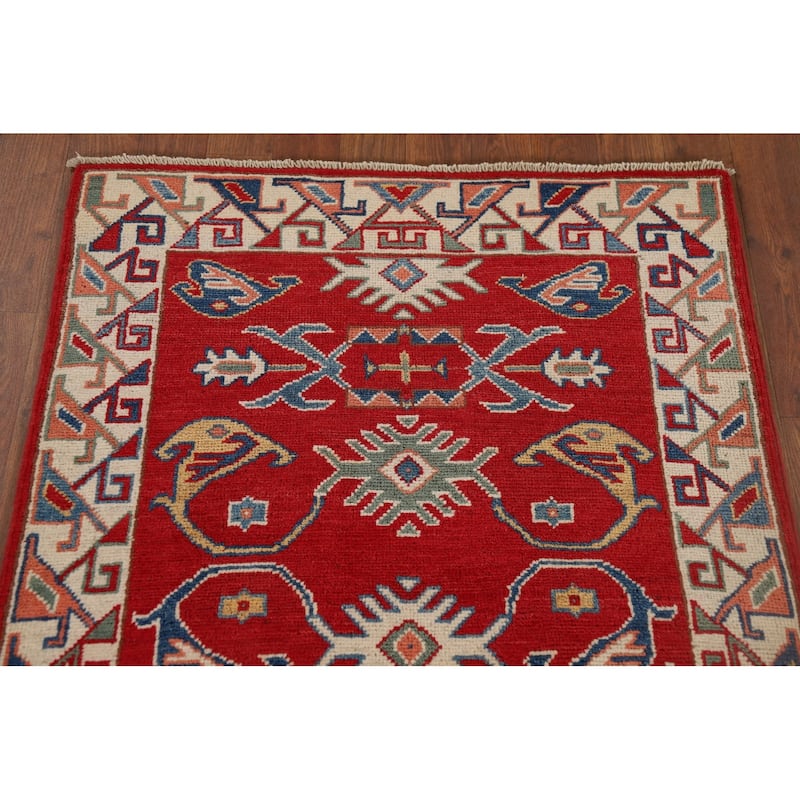 Red Geometric Kazak Oriental Runner Rug Handmade Wool Carpet - 2'7" x 9'8"