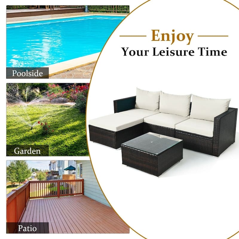 5Pcs Patio Rattan Furniture Set with Coffee Table - 29" x 29" x 23.5" (L x W x H)
