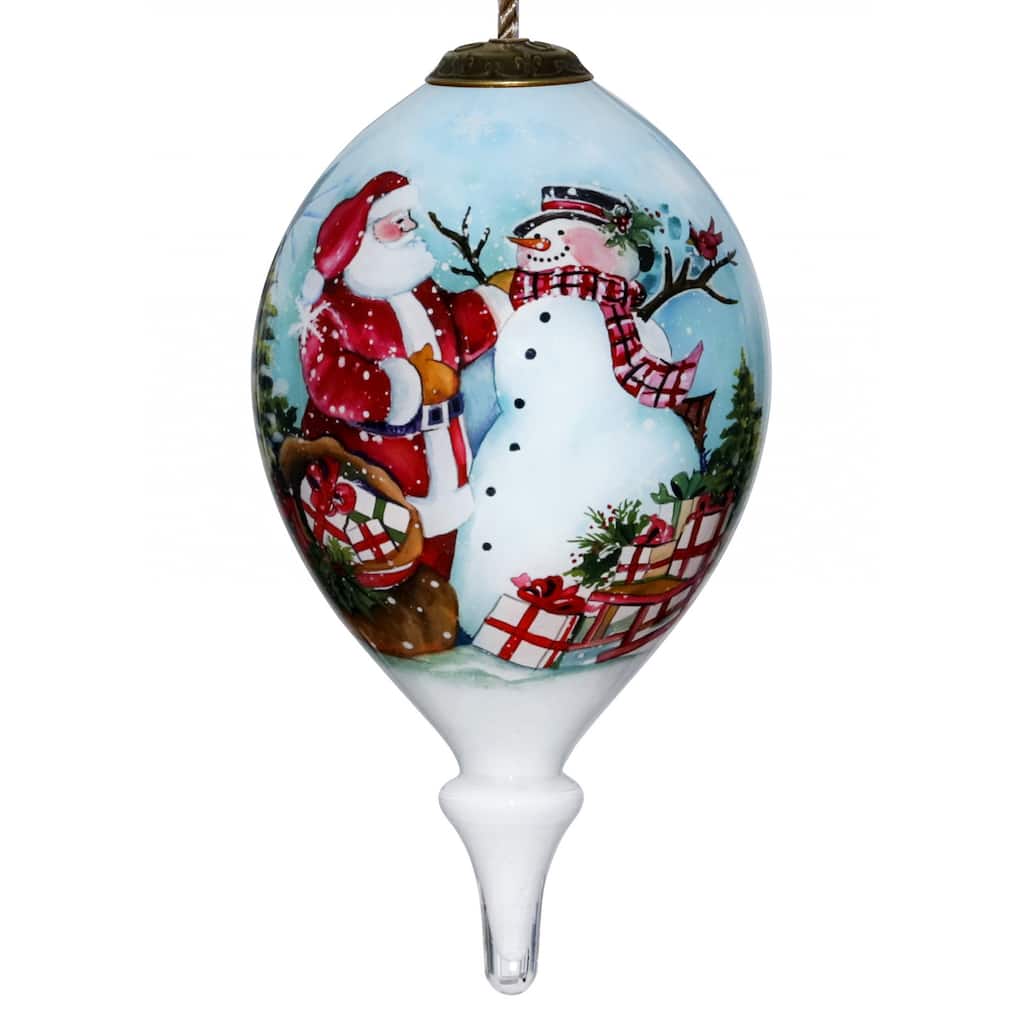 Christmas Santa and Snowman Hand Painted Mouth Blown Glass Ornament - 4.75" x 2.5" x 2.5"