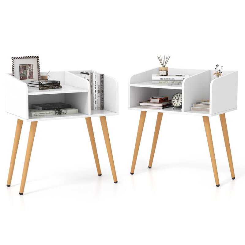 Gymax Set of 2 Mid Century Modern End Table w/ Open Shelves Metal - White
