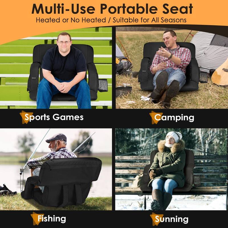 Black 2pcs Dual-Sided Heated Stadium Seats for Bleachers with Back Support, 3 Levels Heating Stadium Seating for Bleachers Seat