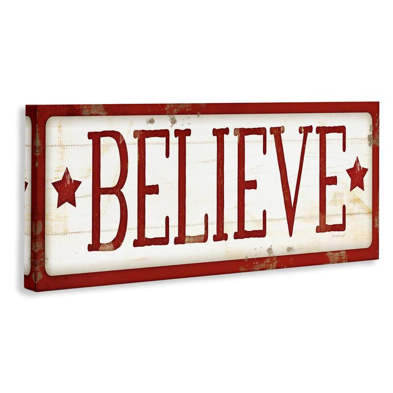 Stupell Believe Sign Red Christmas Holiday Word Design Canvas Wall Art, Proudly Made in USA