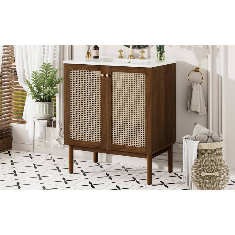 GDFStudio - Lilia 30" Bathroom Vanity with Handwoven Bamboo Doors & Soft-Close Design