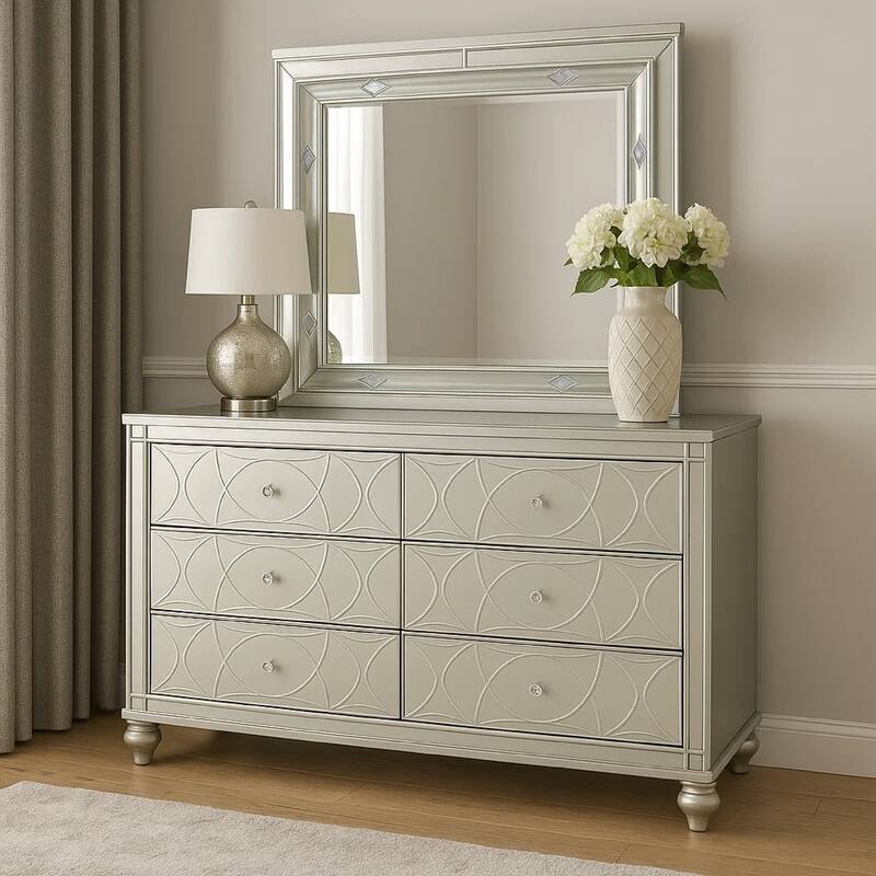 Gina Wide Dresser with Mirror, 6 Drawers, Silver Metallic Wood Frame