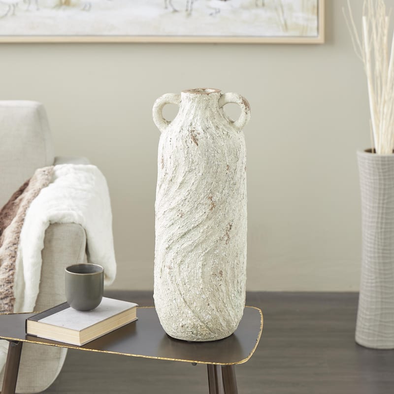 Magnesium Oxide Antique Textured Amphora Decorative Vase with Brown Distressing - Cream - Roche River Decor