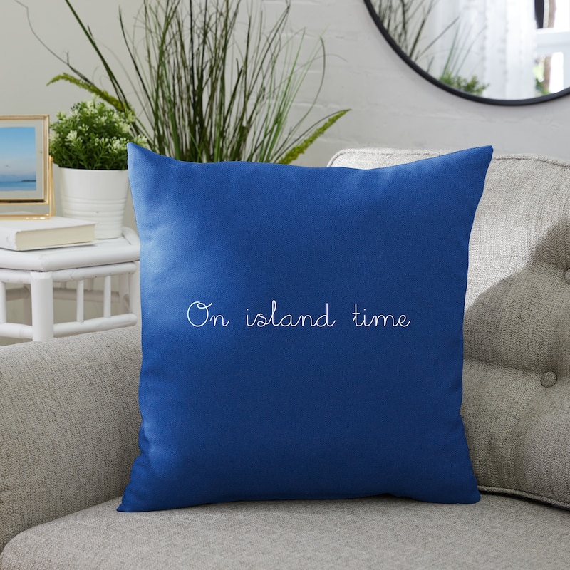 On Island Time Indoor/Outdoor Embroidered Pillow, Knife Edge - 18 in L x 18 in W