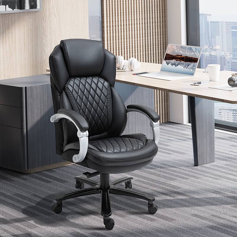 Black Adjustable Height Leather Upholstered Office Desk Chair Gaming Chair, Swivel Chair Computer Task Chair with Wheels - Black