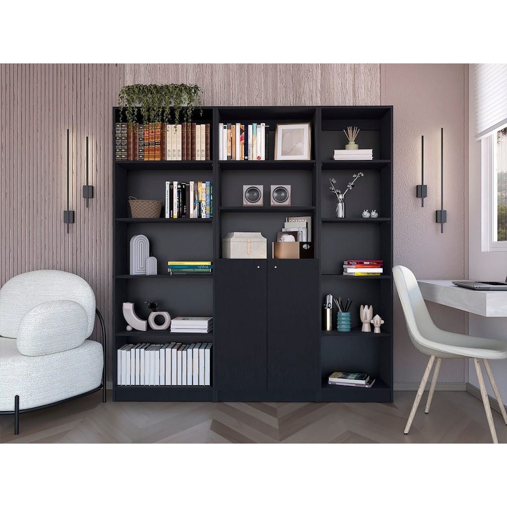 Tolleson 3-Piece Living Room Set with Sutton 4-Shelf Bookcase, Sutton Slim Bookcase and Sutton 2-Door Bookcase, Black