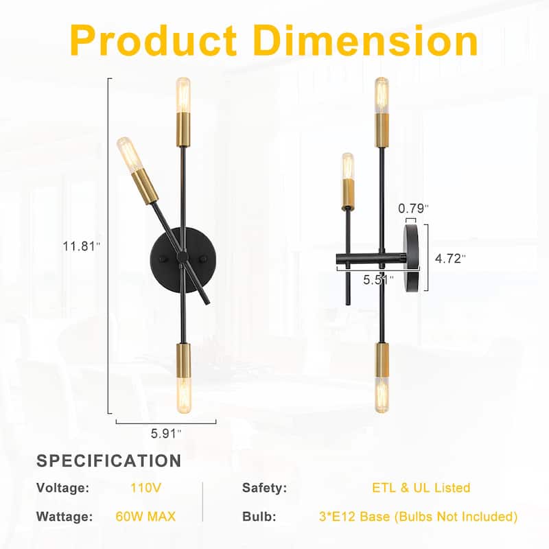 3-Light Minimalist Industrial Matte Black Metal Wall Sconce Modern