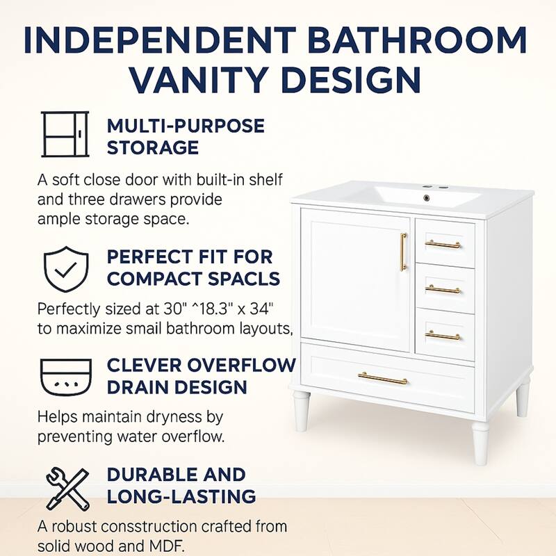 30" Ceramic Sink Bathroom Vanity with Gold Handles, Soft-Close Storage & Space-Saving Design