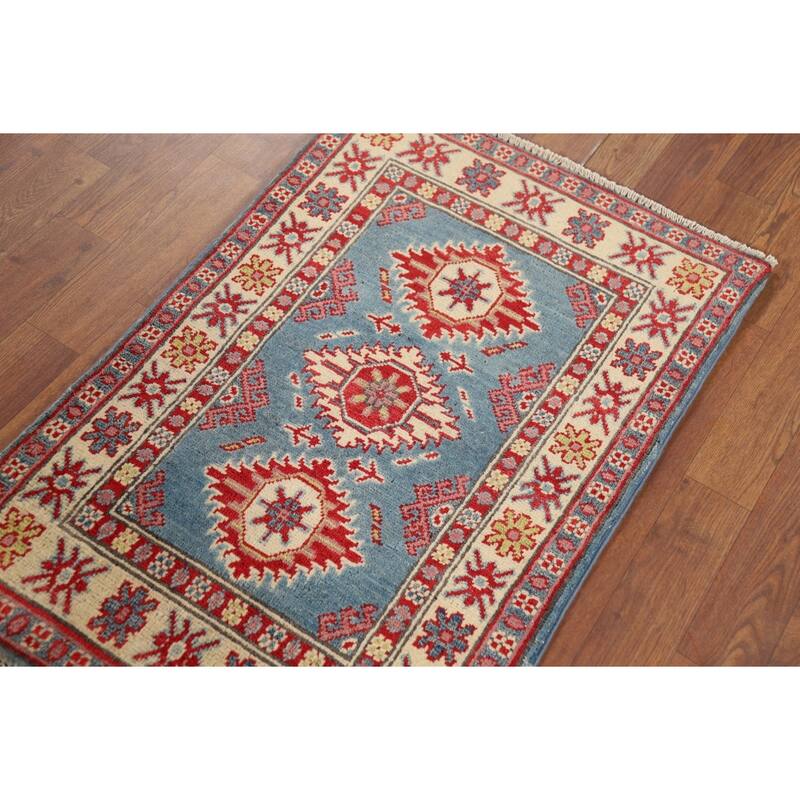 Hand Knotted Oriental 100% Wool Carpet Traditional Geometric Navy Blue & Blues Kazak Area Rug - 3' 1'' X 2' 0''