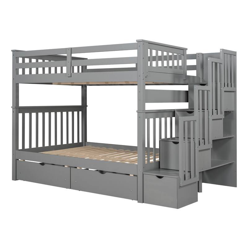 Full Size Wood Bunk Bed with Drawers, Open Shelving & Staircase, No Box Spring Needed