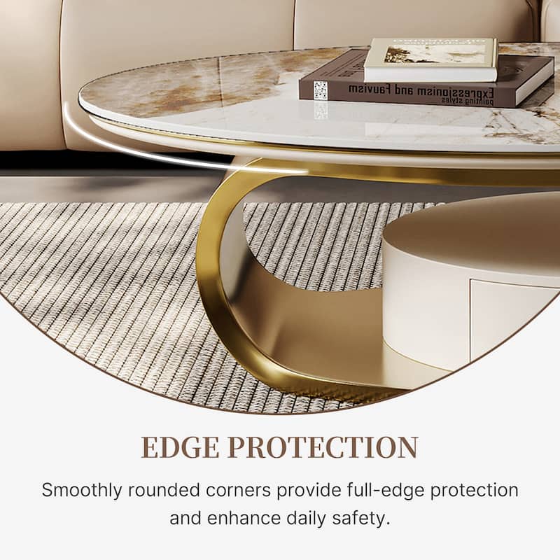 51" Modern Oval Coffee Table, Sintered Stone Top, Gold legs, Drawer - 51.2" X 27.5"