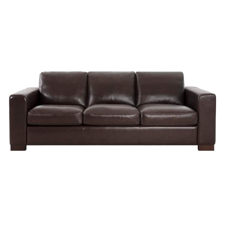 Genuine leather sofa & loveseat with feather cushions, square arms, sturdy & stylish.