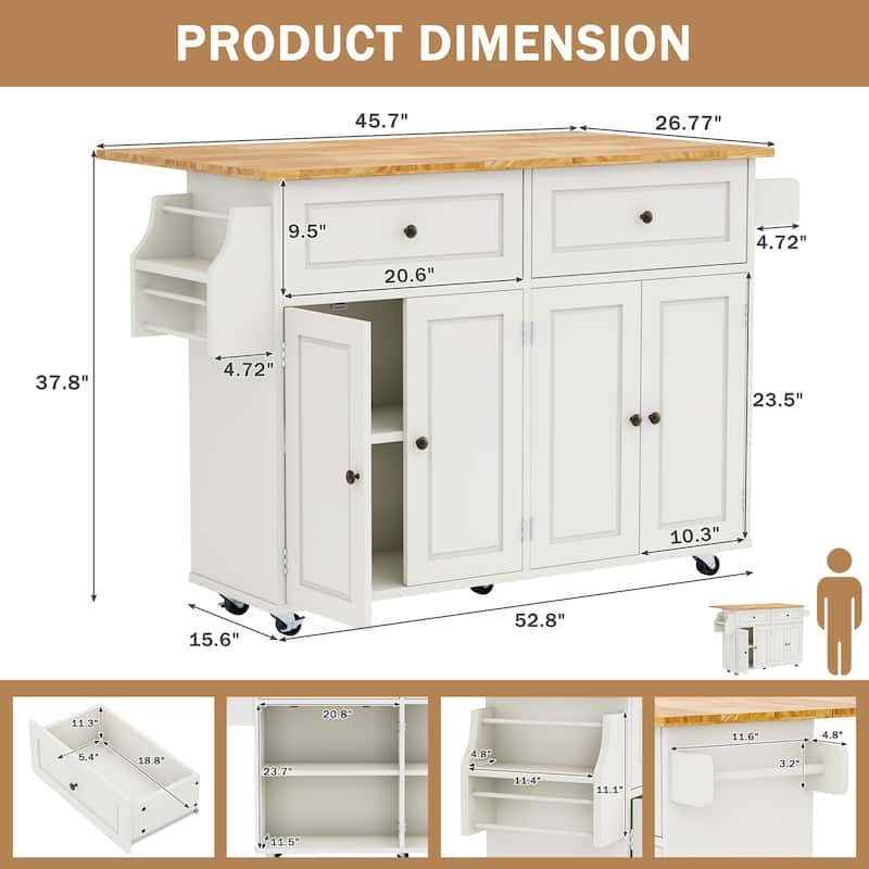 EROMMY 52" Large Kitchen Island Cart with Drop Leaf, 2 Drawers, Storage Cabinets, Rolling Mobile Island