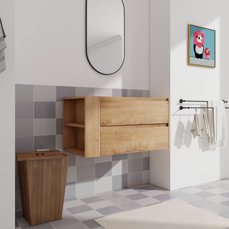 36" Wall-Mounted Bathroom Vanity, Double Soft-Close Drawers, Adjustable Side Rack, 45° Bevelled Invisible Handle