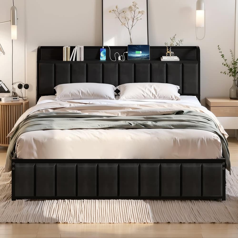 VECELO Upholstered Platform Bed Frame with Storage Headboard and USB AC Ports Charging Station Sturdy Quiet Bed for Bedroom