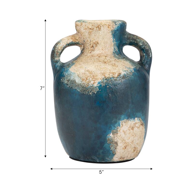 Sagebrook Home Textured Terracotta Blue/ivory Double Handle Vase/ Jug