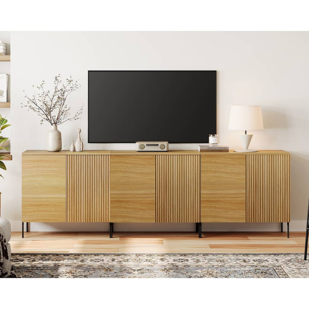 94.5" Modern Fluted TV Stand with 6 Doors, Entertainment Center with Adjustable Shelf
