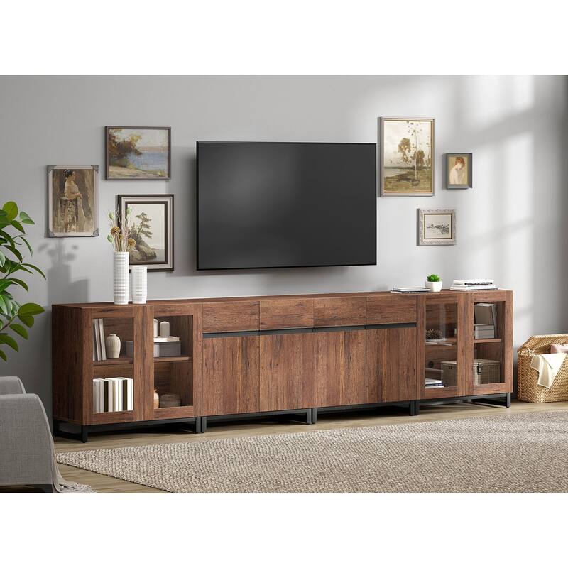4-in-1 TV Stand for 120" TVs, Entertainment Center with Glass Doors & Metal Legs - 126 inches - Brown