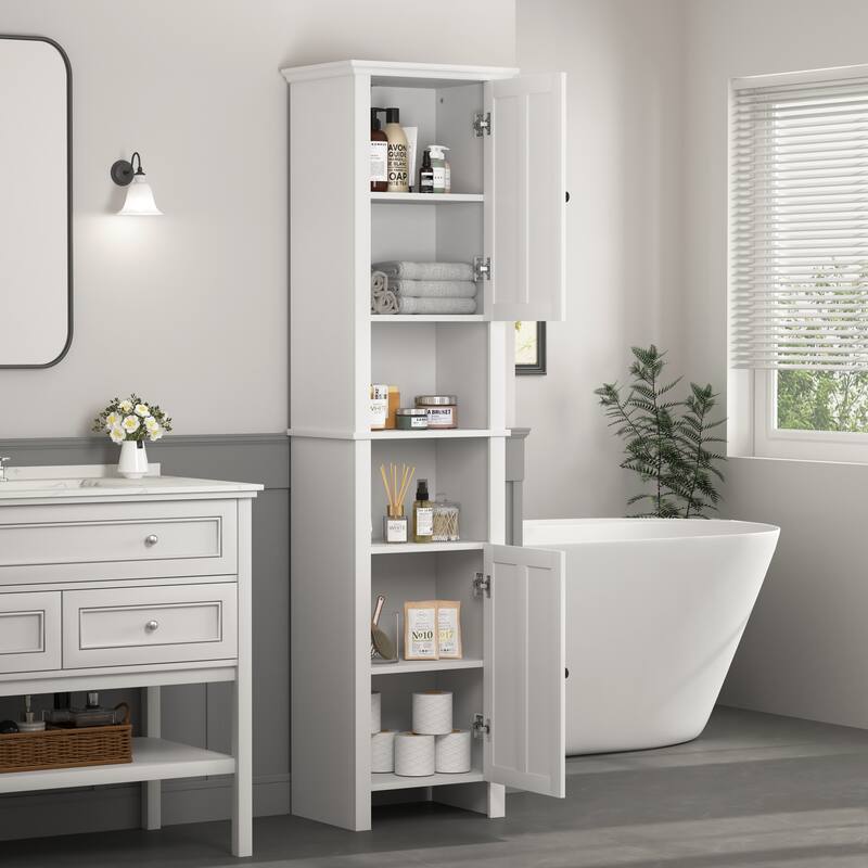 Bathroom Floor Storage Cabinet With 2 Doors Living Room Wooden Cabinet With 6 Shelves 15.75 X 11.81 X 66.93 Inch