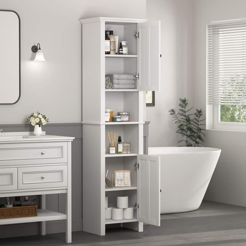 Tall Bathroom Storage Cabinet, Double Door Wood Corner Cabinet, Kitchen Pantry Cabinet with 6 Shelves for Laundry Room, Kitchen
