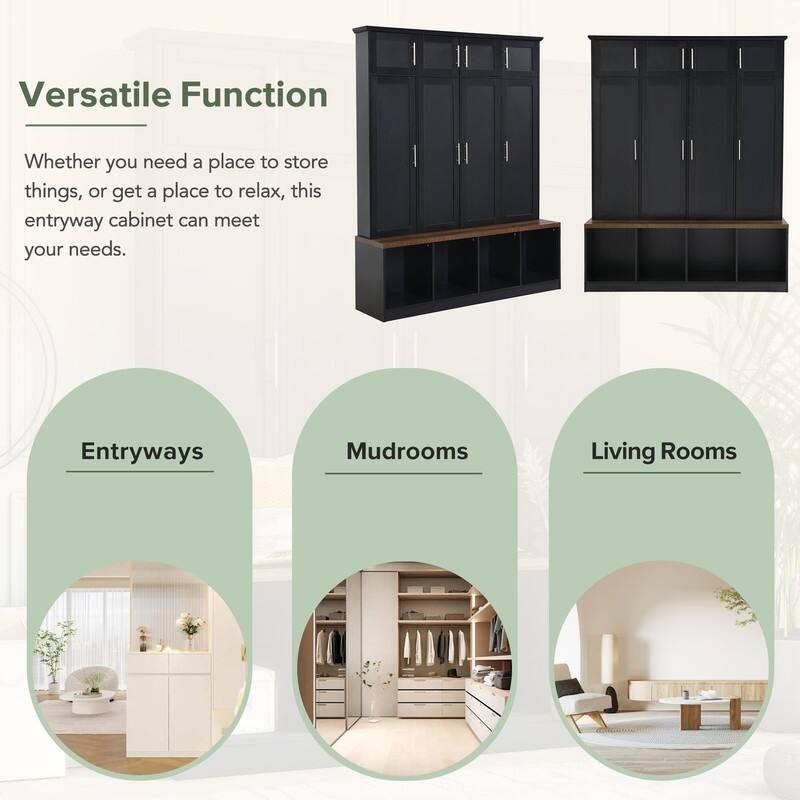 Modern Hall Tree with Multiple Storage Space,Brown Wood Grain Bench