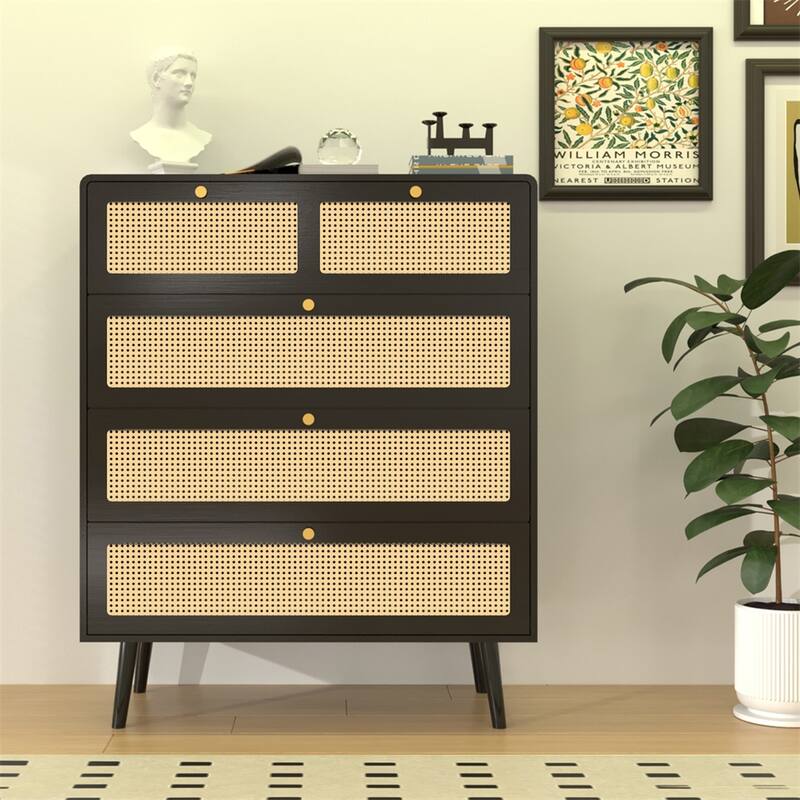 Modern Rattan 4 Dresser Chest with Wide Wood Drawers and Metal Handles