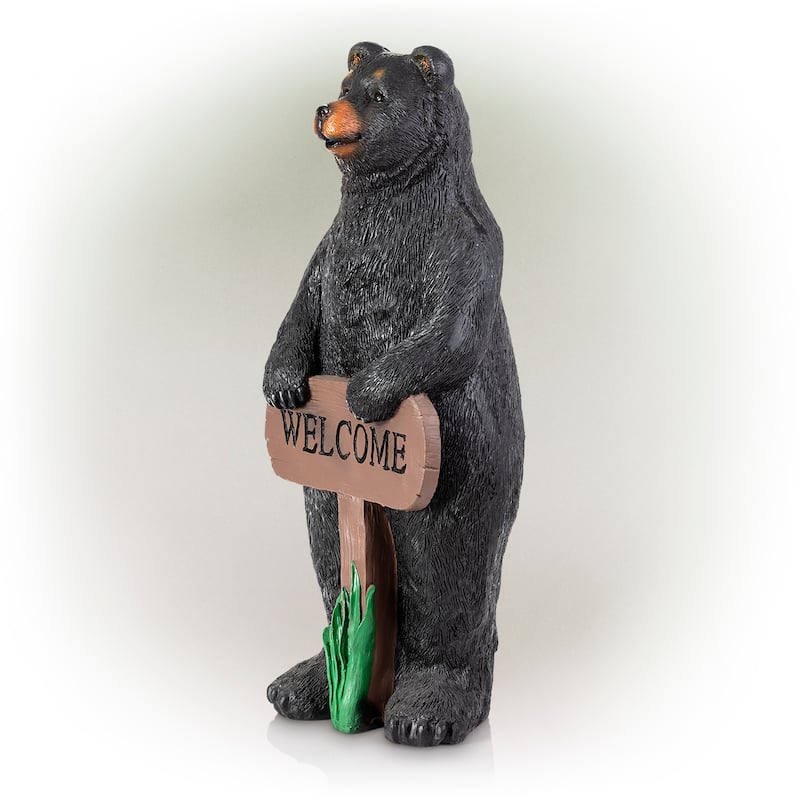 Alpine Corporation 36" Tall Outdoor Standing Black Bear with Welcome Sign Yard Statue Decoration