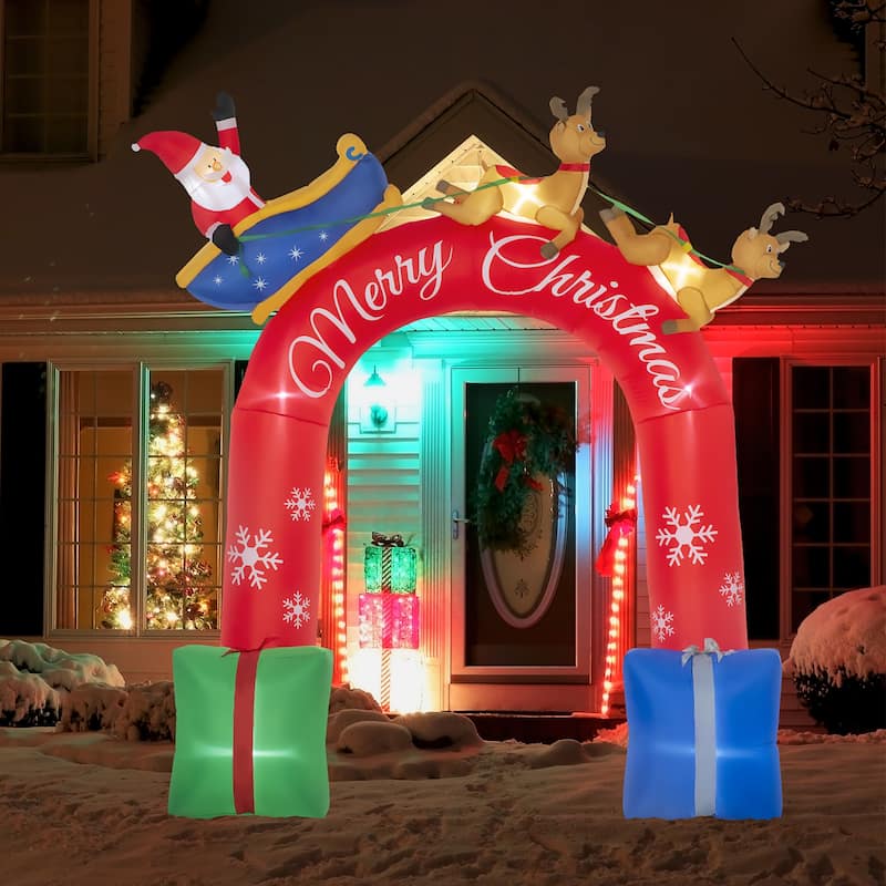 9ft Christmas Inflatables Outdoor Decorations Arch with Santa Claus Riding a Sled, Blow-Up LED Yard Christmas Decor - Red