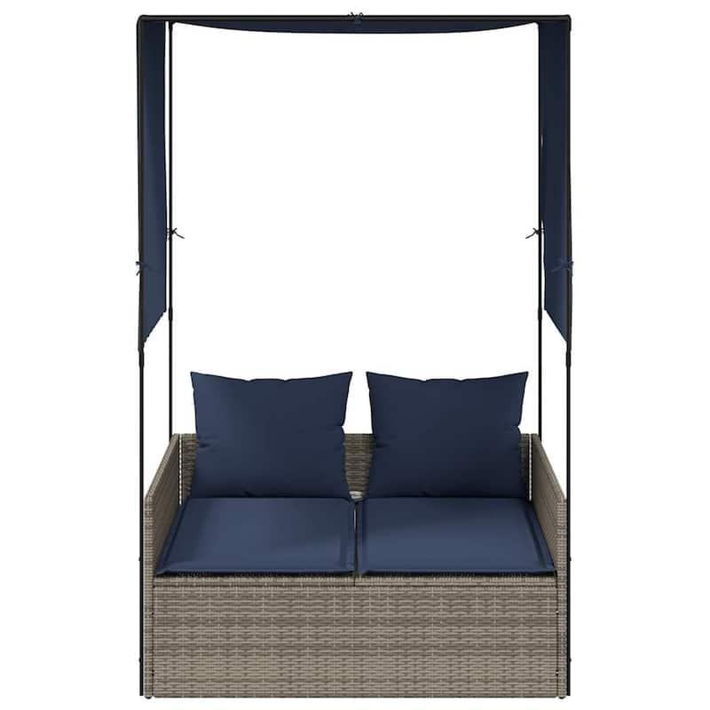 vidaXL Double Sun Lounger with Roof and Curtains Poly Rattan Brown/Gray/Black - 17.0 x 18.3 x 29.0