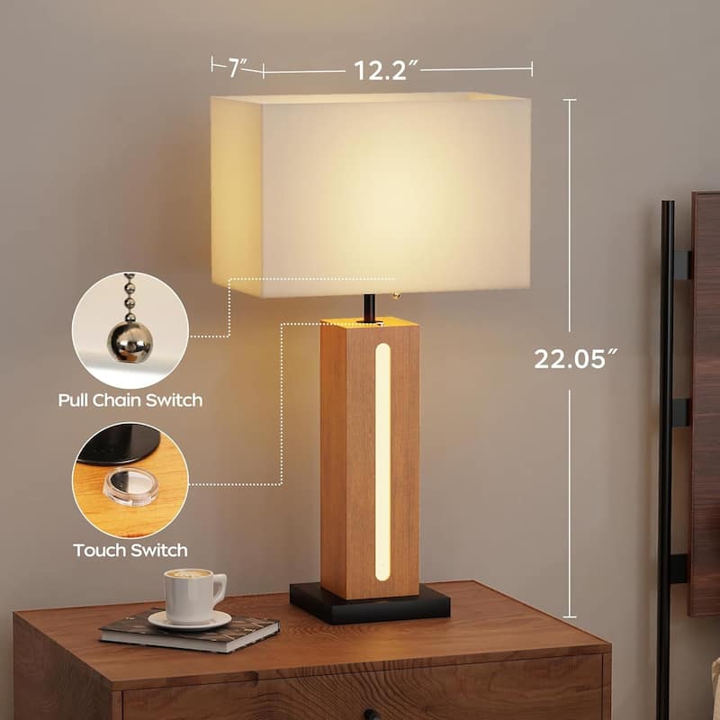 Table Lamps Set Of 2, Modern Dimmable Bedside Lamp With LED Nightlight, Square Wood Grain Nightstand Lamps With Linen Shades