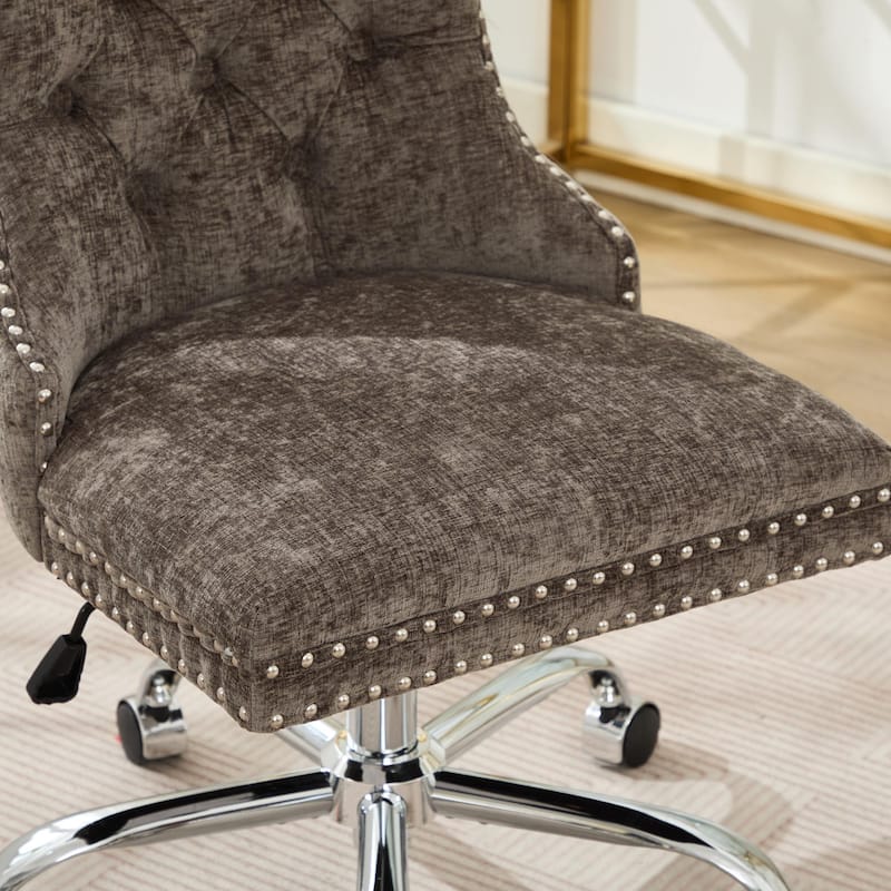 Chenille Upholstered Swivel Office Chair, Tufted Button Home Office Chair, Adjustable Vanity Chair with Metal Base