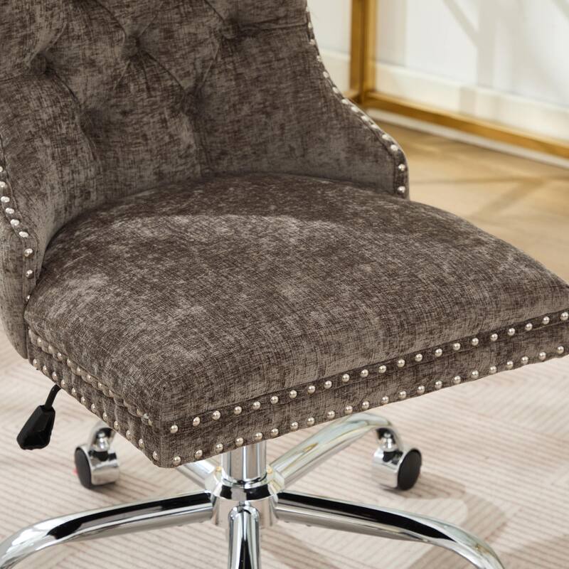 Modern Chenille Upholstered Tufted Button Office Chair with Metal Base, Adjustable Desk Chair Swivel Office Chair, Gray
