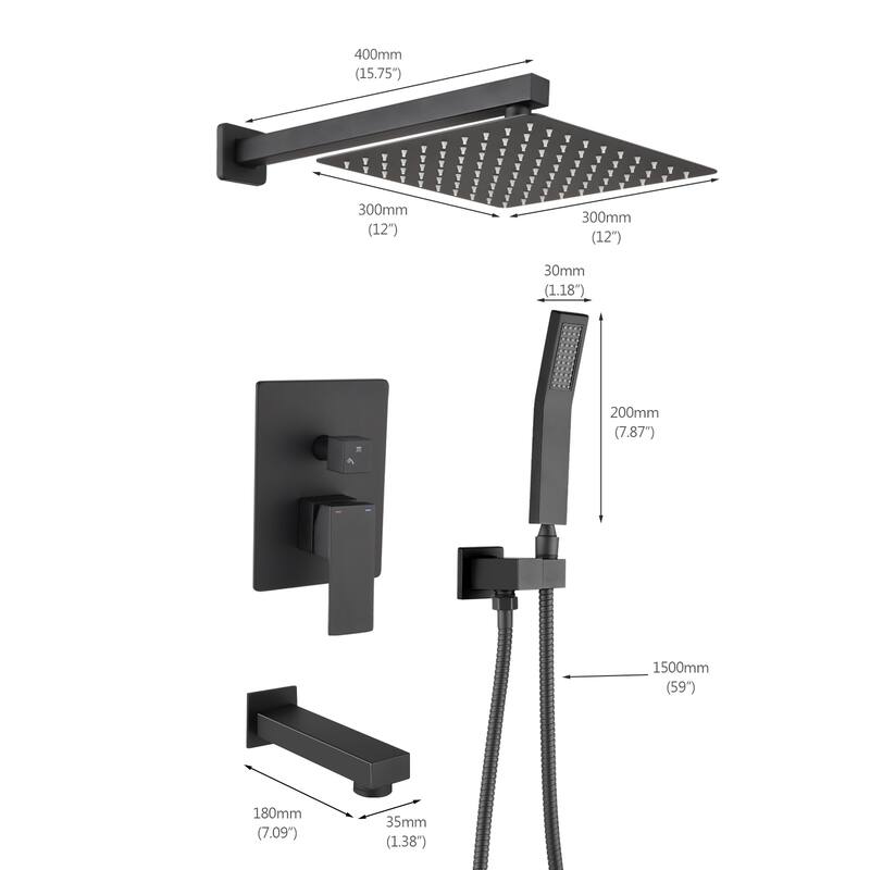 YASINU 12 In. High-Pressure Rainfall Shower System with Handheld Shower Head Bathtub Faucet - 12"