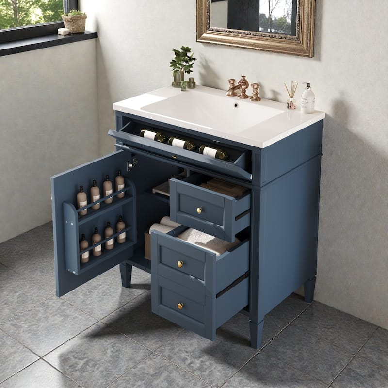 30" Bathroom Vanity with Sink, Modern Single-Sink Cabinet with 2 Drawers, Tip-Out Drawer & Storage Shelves