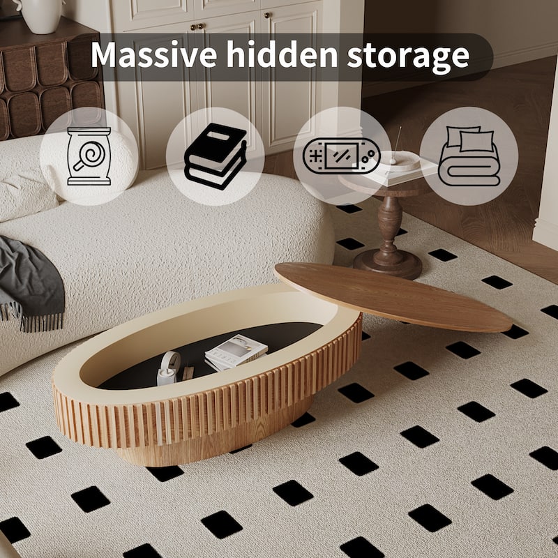 Modern Solid Wood Veneered Round/Oval Coffee Tea Table with Storage