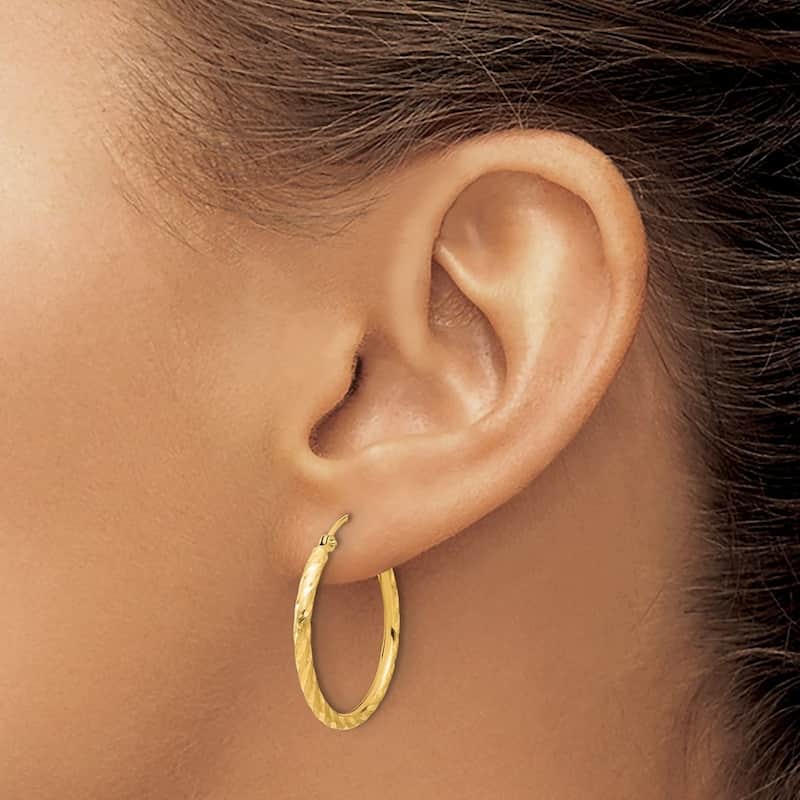 Curata 14k Yellow Gold Polished and Satin and Sparkle Cut Hoop Earrings - 26.5x24.9mm