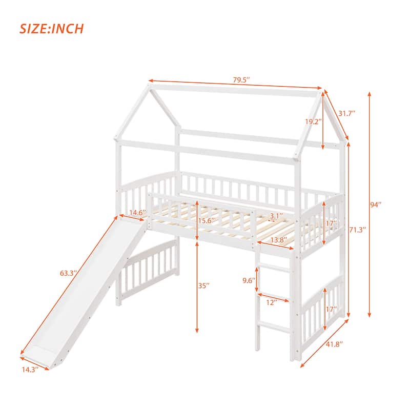 Twin Size Wooden Loft Bed with Slide and Ladder, House Shaped Solid Pinewood Low Loftbed Frame with Under Bed Play Space