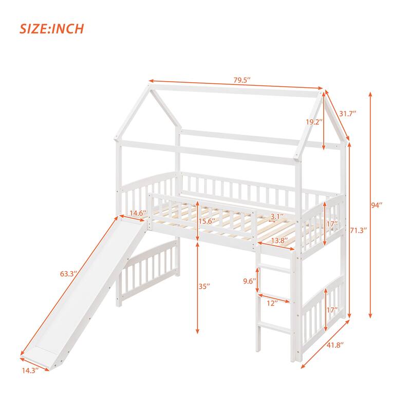 White Twin Loft Bed with Slide and House Design, Space-Saving Kids Furniture