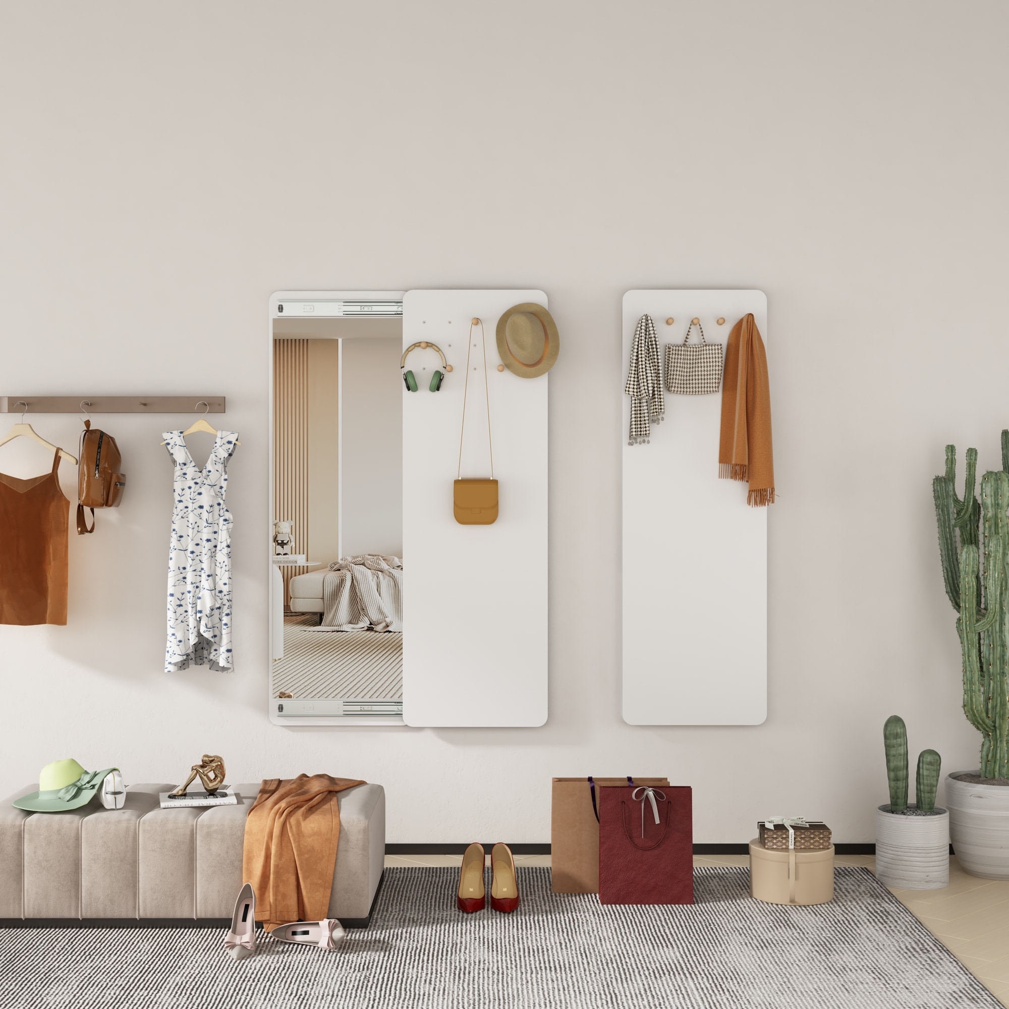 Mirror w/Adjustable Coat Rack Mirror Closet Jewelry Armoires Storage - White - 47.2