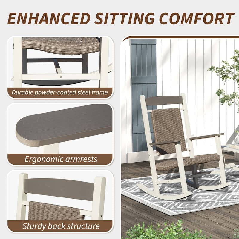 Outdoor Rocking Chairs Set of 2, Durable HDPE Oversized Rockers, Wicker Rocking Chair with 380lbs Support, Weather-Resistant