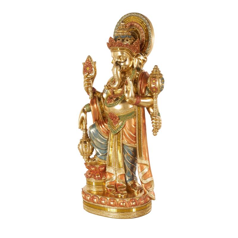 Gold Resin Ganesh Decorative Sculpture with Green, Blue, and Red Accents