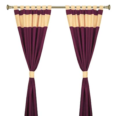 Maroon Gold Tab Top Raw Silk Curtain With Tieback-Pair